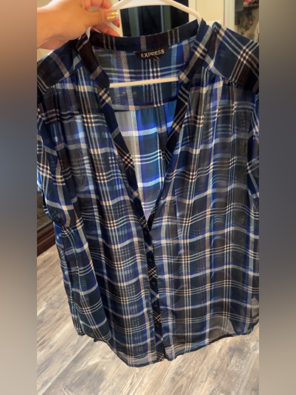 Express Woman’s Navy and Blue Plaid Button-Down Shirt